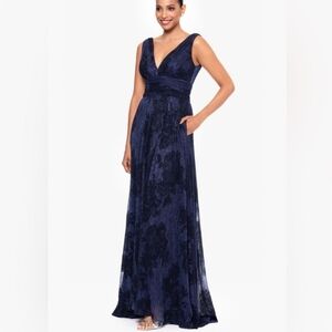 Flock Floral Soft Metallic Crinkle Gown